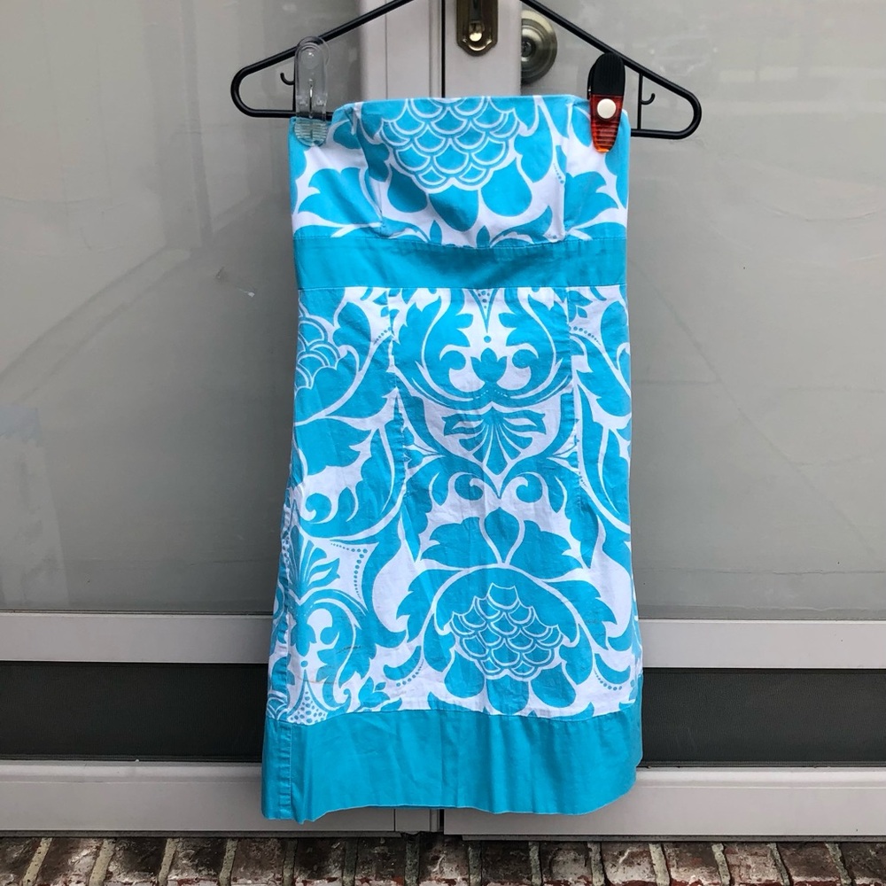 Aqua & White Tropical-Print Strapless Sundress